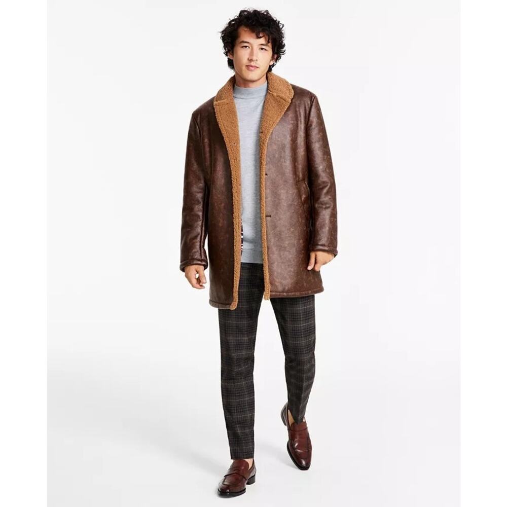 Ben Sherman Men's Camel Faux Leather Shearling Classic Fit Overcoat Size 42R